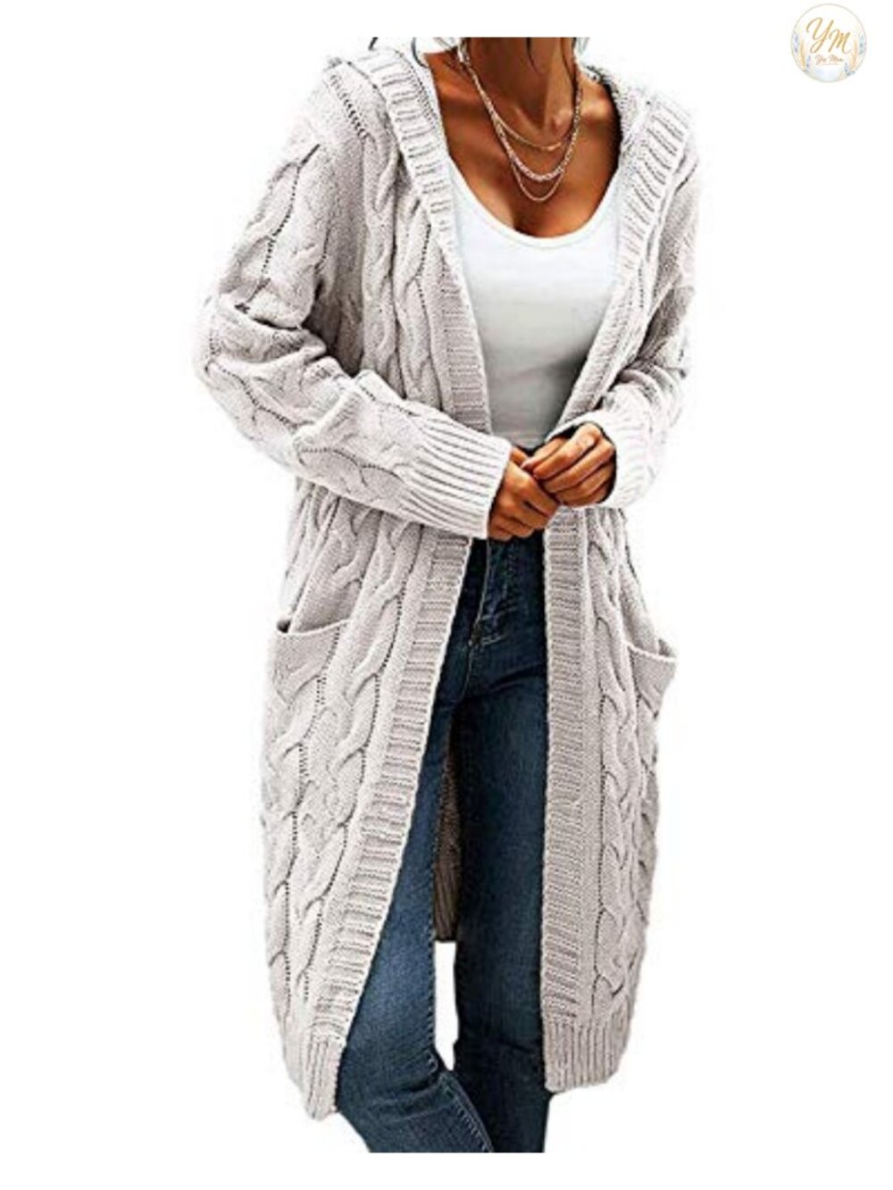 Women's Chunky Cable Knit Long Cardigan Hooded Open Front Sweater Coat with